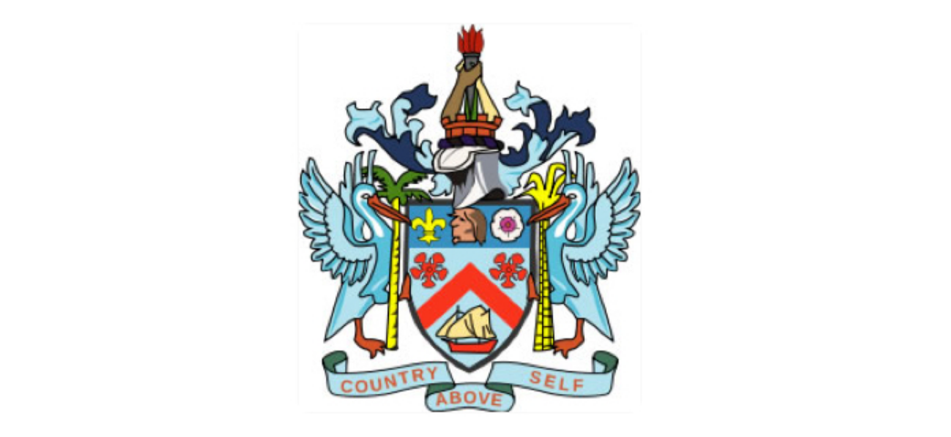 Coat of arms featuring a shield with flowers, a ship, and animals, flanked by wings, and banner saying "Country Above Self."