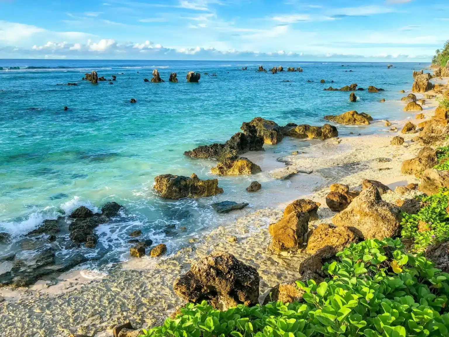 Tropical rocky beach with clear water and lush greenery.