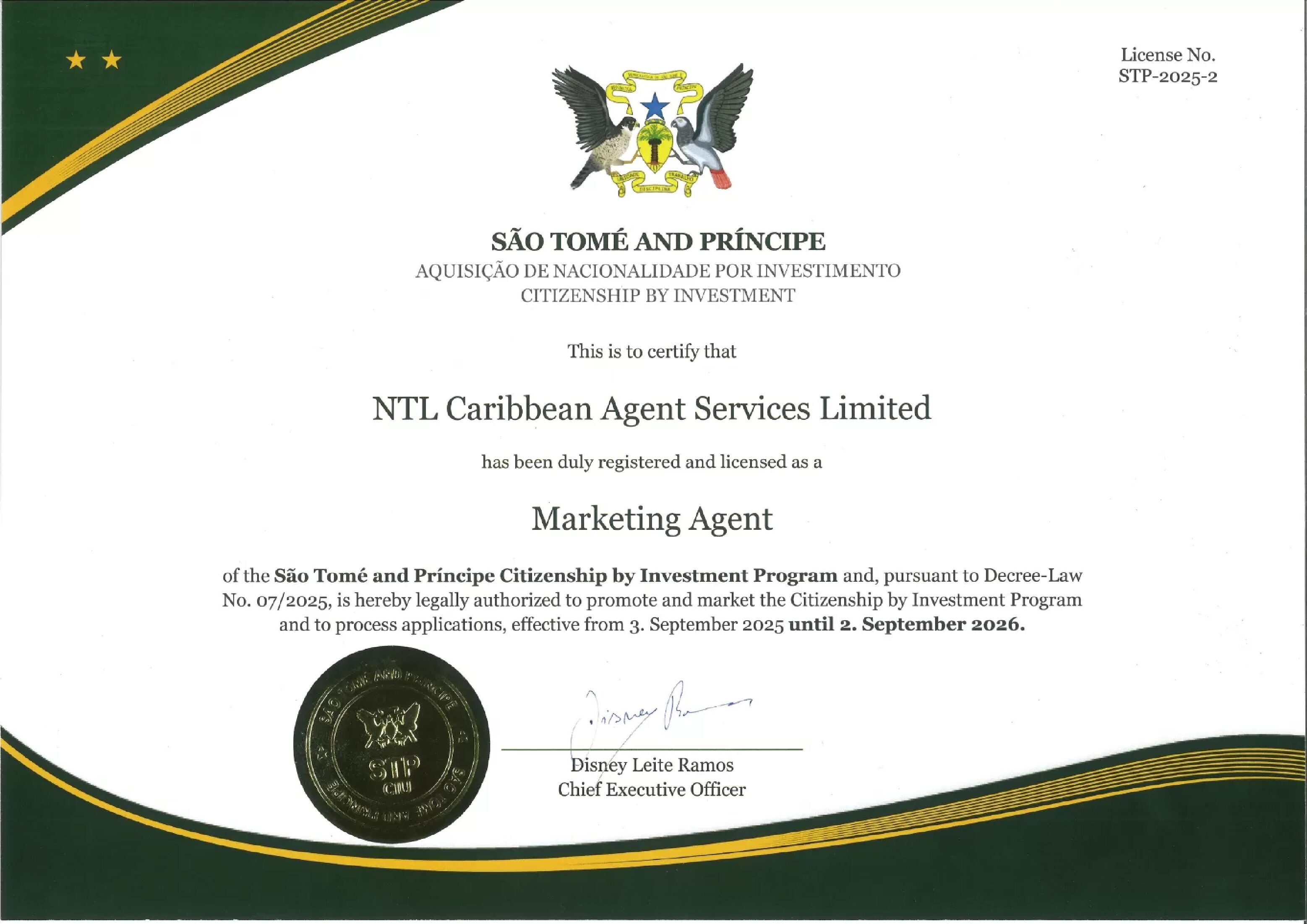 Scanned license document confirming NTL Trust Caribbean as an authorized Citizenship by Investment agent in São Tomé and Príncipe.