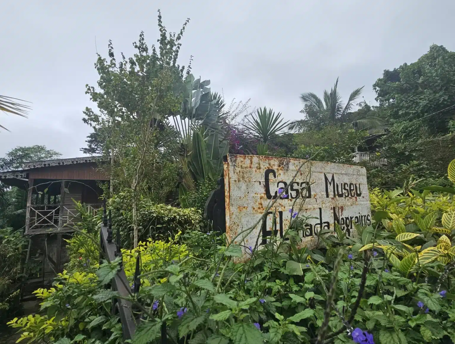 Sign for Casa Museu surrounded by plants in São Tomé and Príncipe.